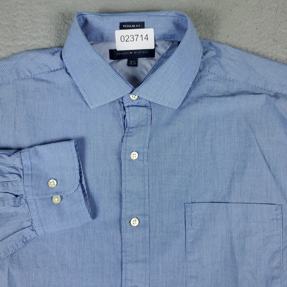 Tommy Hilfiger Shirt Mens 16.5 Blue Striped Dress Button Up Long Sleeve *